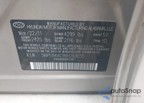 2011 Hyundai Sonata Gls из США, поврежденный, VIN 5NPEB4AC9BH269555